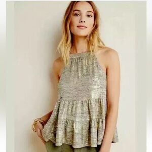 Nwt Anthropologie Becca Tiered Babydoll Tank Sunday in Brooklyn Metalic gold sil